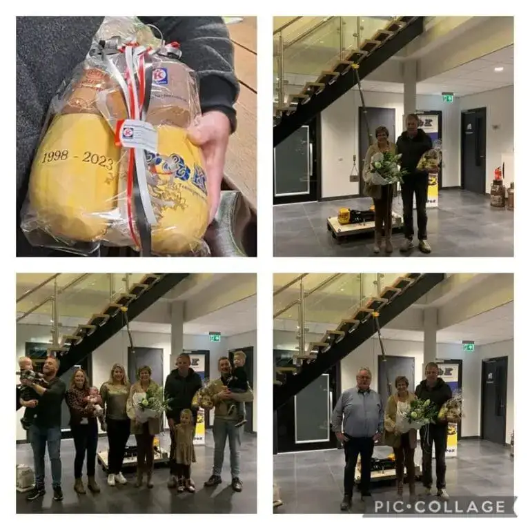 Fotocollage van de huldiging van Arjan Arends voor 25 jaar in dienst bij P&K