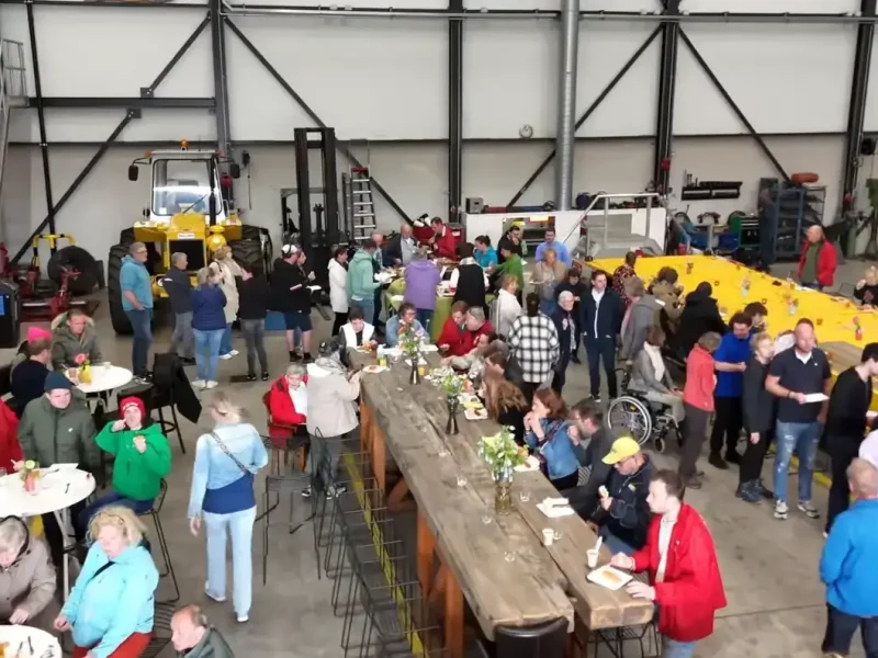 Gasten van Stichting Goal aan de lunch in de werkplaats van P&K